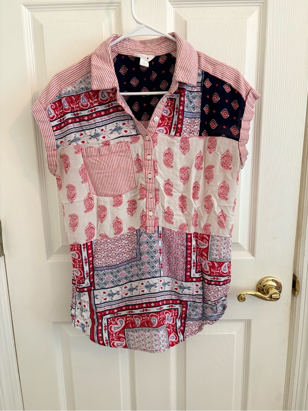 intro. Red, Navy & White Patchwork Paisley Button-Front Shirt